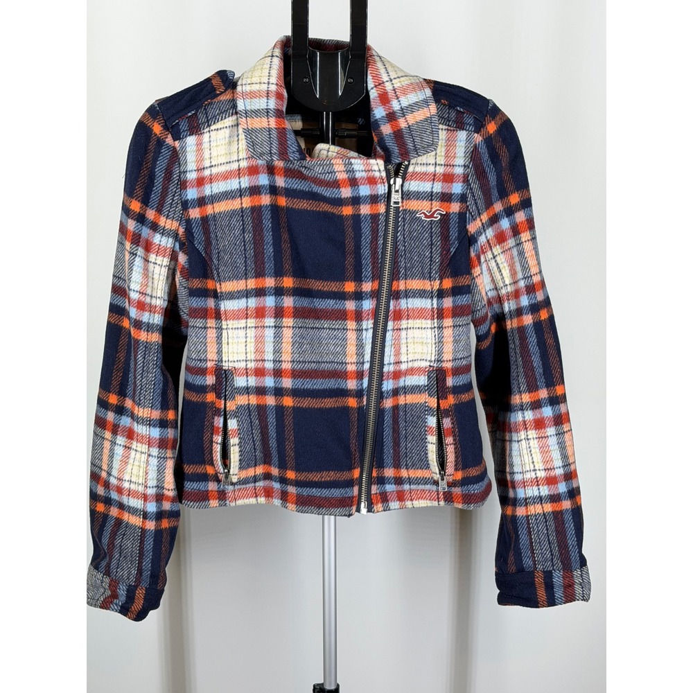 Hollister Plaid Wool Blend Moto Jacket Navy Orange Asymmetrical Zip Womens M